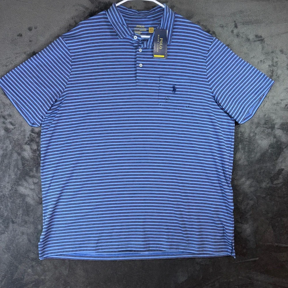 Mens XL Polo Ralph Lauren Performance Polo Blue New Striped Pocket Short Sleeve